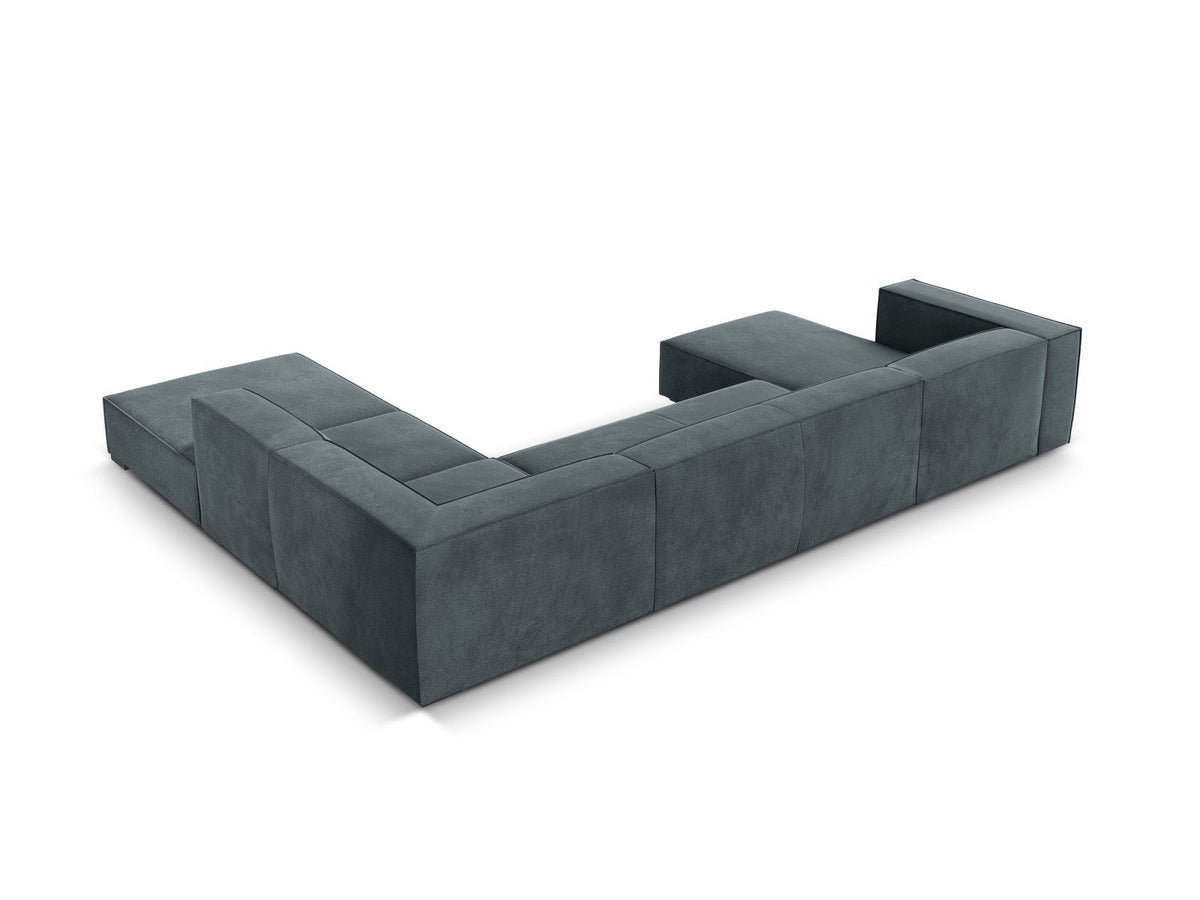 Ecksofa rechts Turin von Cosmopolitan Design in Light Beige-Rosario Chenille-Stoff mit Beinen aus schwarzem Buchenholz und weicher Sitzpolsterung.