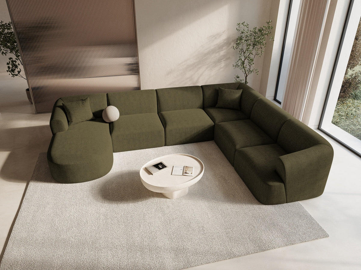 Modulares Ecksofa Campi mit Récamière rechts, Stoffbezug und schwarzen Beinen