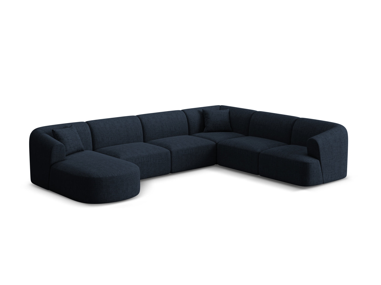 Elegantes 7-Sitzer Ecksofa Panoramic rechts in Royal Blue-Moly, ideal für stilvolle Wohnräume, präsentiert von Cosmopolitan Design.