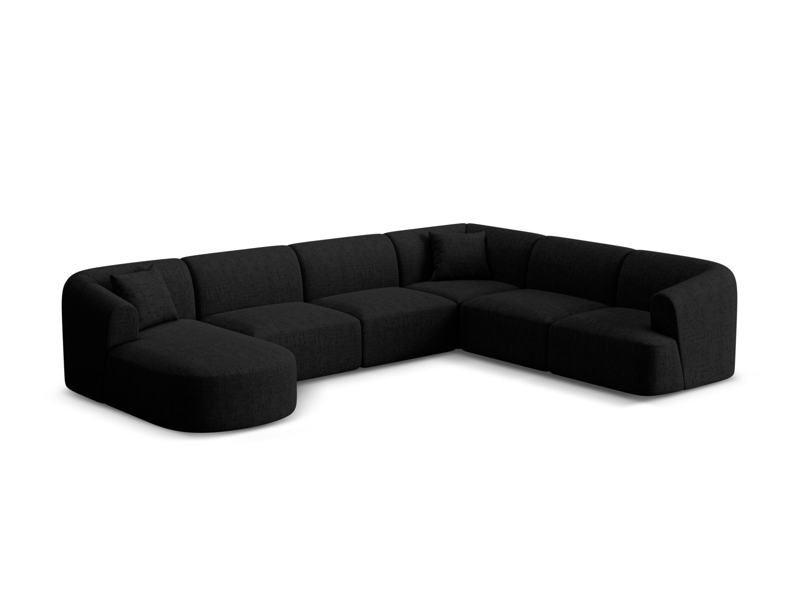 Elegantes 7-Sitzer Ecksofa Panoramic rechts Campi in stilvollem Schwarz, ideal für moderne Wohnräume und gemütliche Abende.