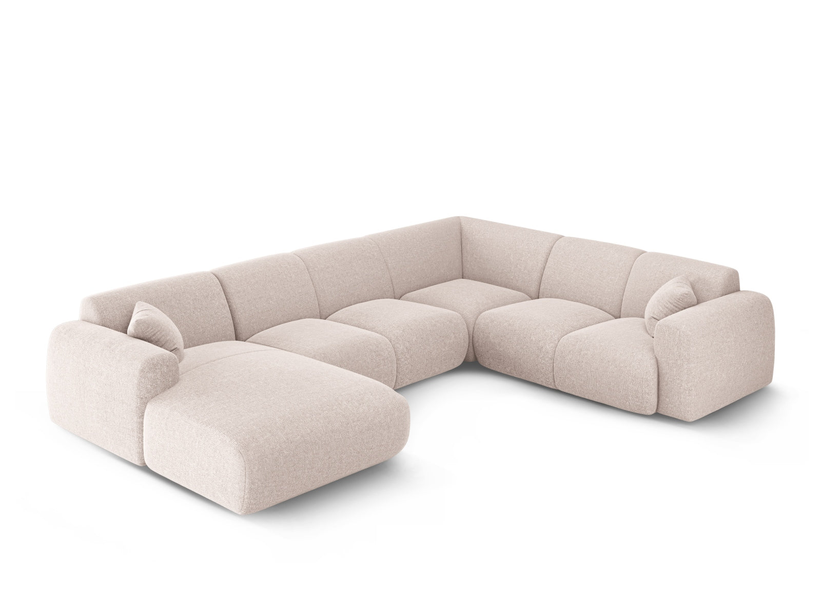 Beige Nolio Panoramic Ecksofa rechts, großzügiges 6-Sitzer-Design, 252 cm, perfekt für stilvolle Wohnzimmer und gesellige Zusammenkünfte.
