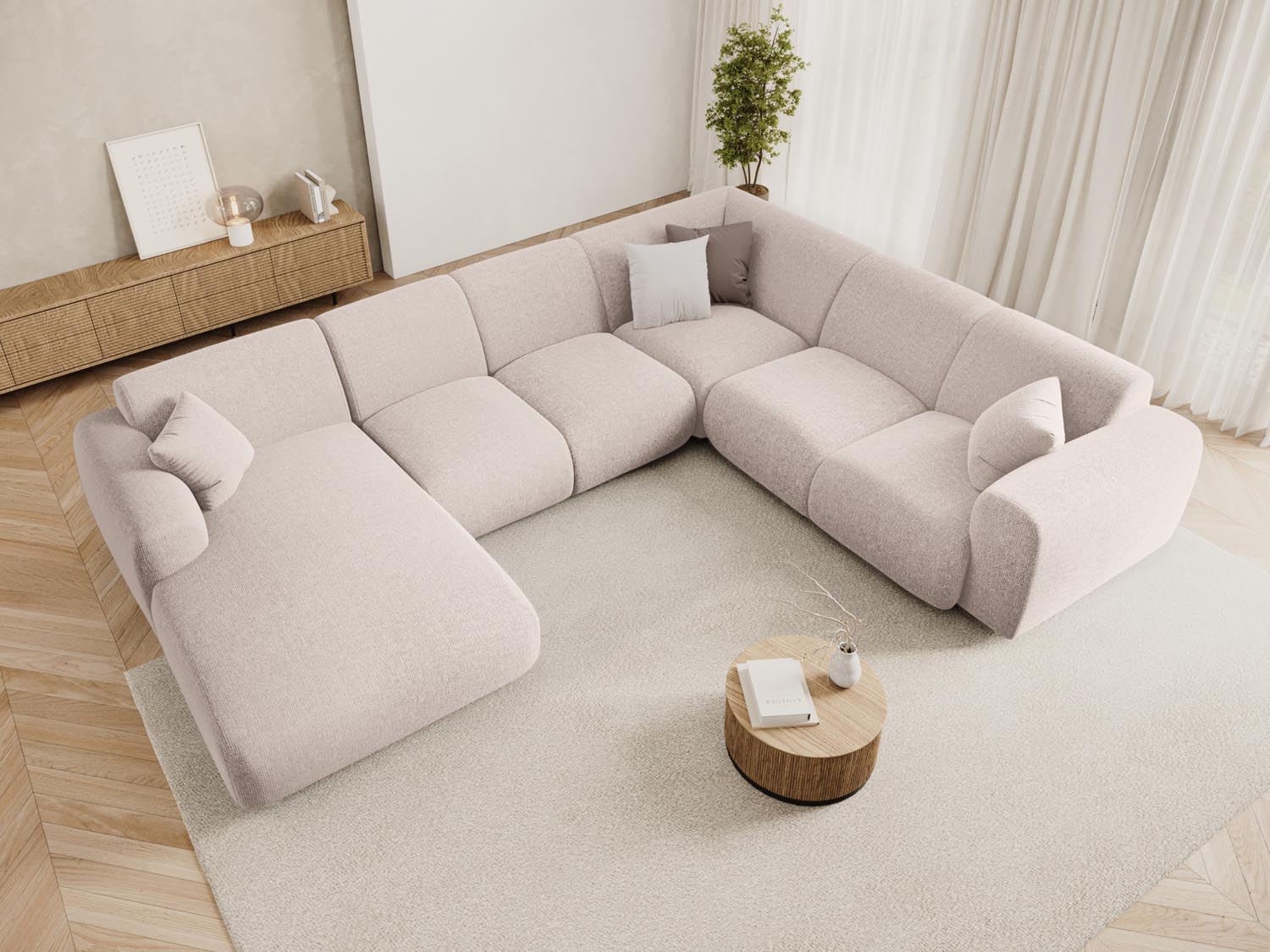 Beige Nolio Panoramic Ecksofa rechts, 6 Sitzer, 252 cm, stilvolles Design für modernen Wohnraum, ideal für gesellige Abende.