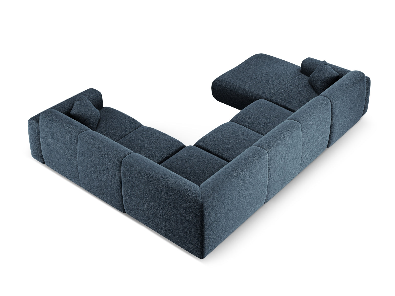 Elegantes Nolio Panoramic Ecksofa in Royal Blue, 6-Sitzer, 252 cm, ideal für stilvolle Wohnräume und gesellige Abende von Cosmopolitan Design.