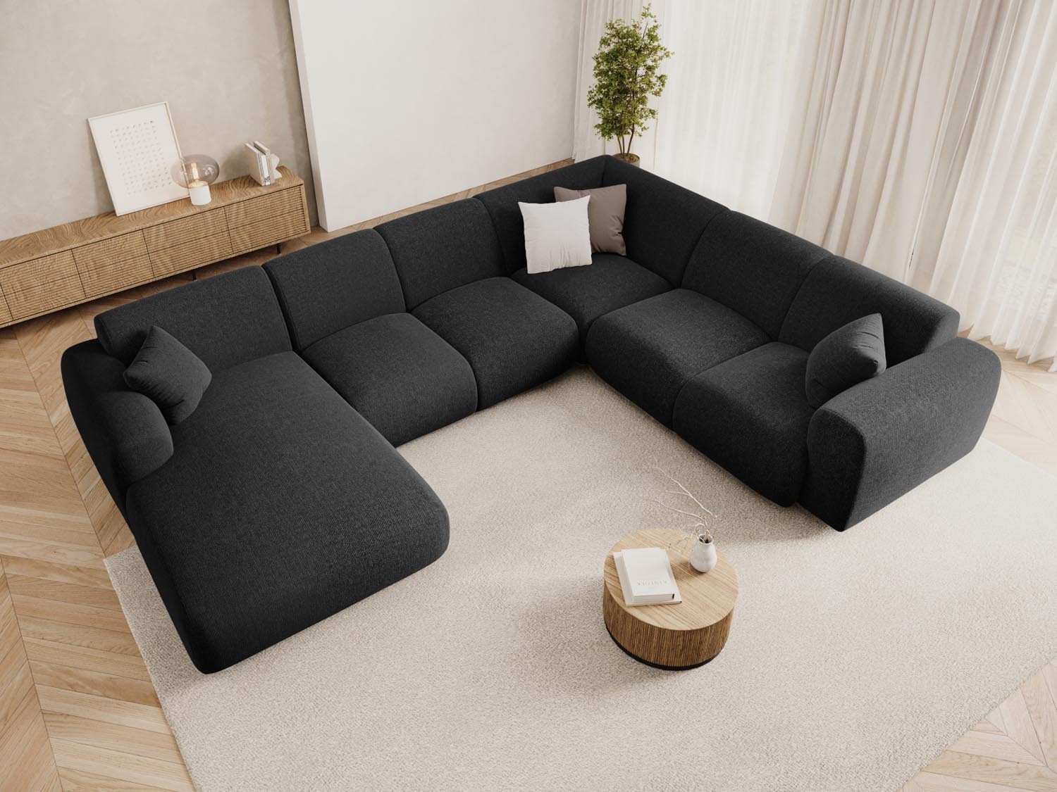 Elegantes Nolio Panoramic Ecksofa rechts, 6 Sitzer, 252 cm, in stilvollem Schwarz, ideal für moderne Wohnräume.