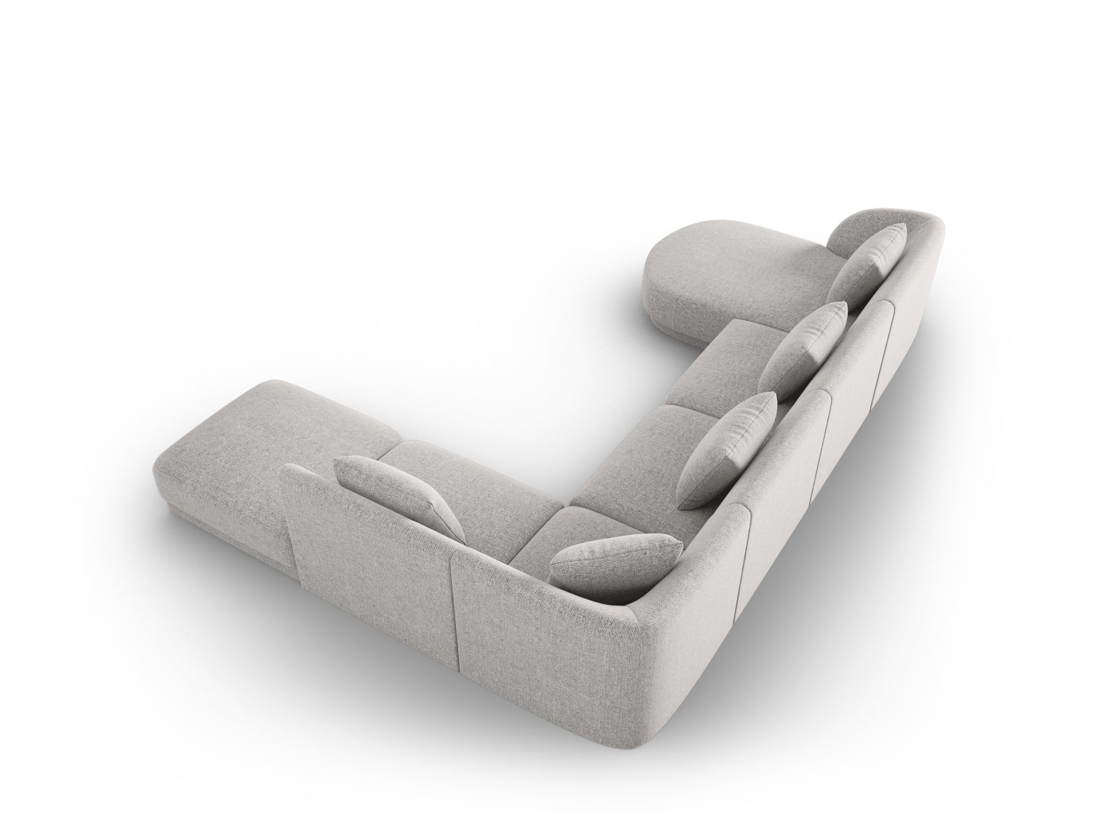 Modernes Tulum Panoramic Ecksofa in sanftem Hellgrau, 6-Sitzer, 255 cm, perfekt für gemütliche und stilvolle Wohnambiente.