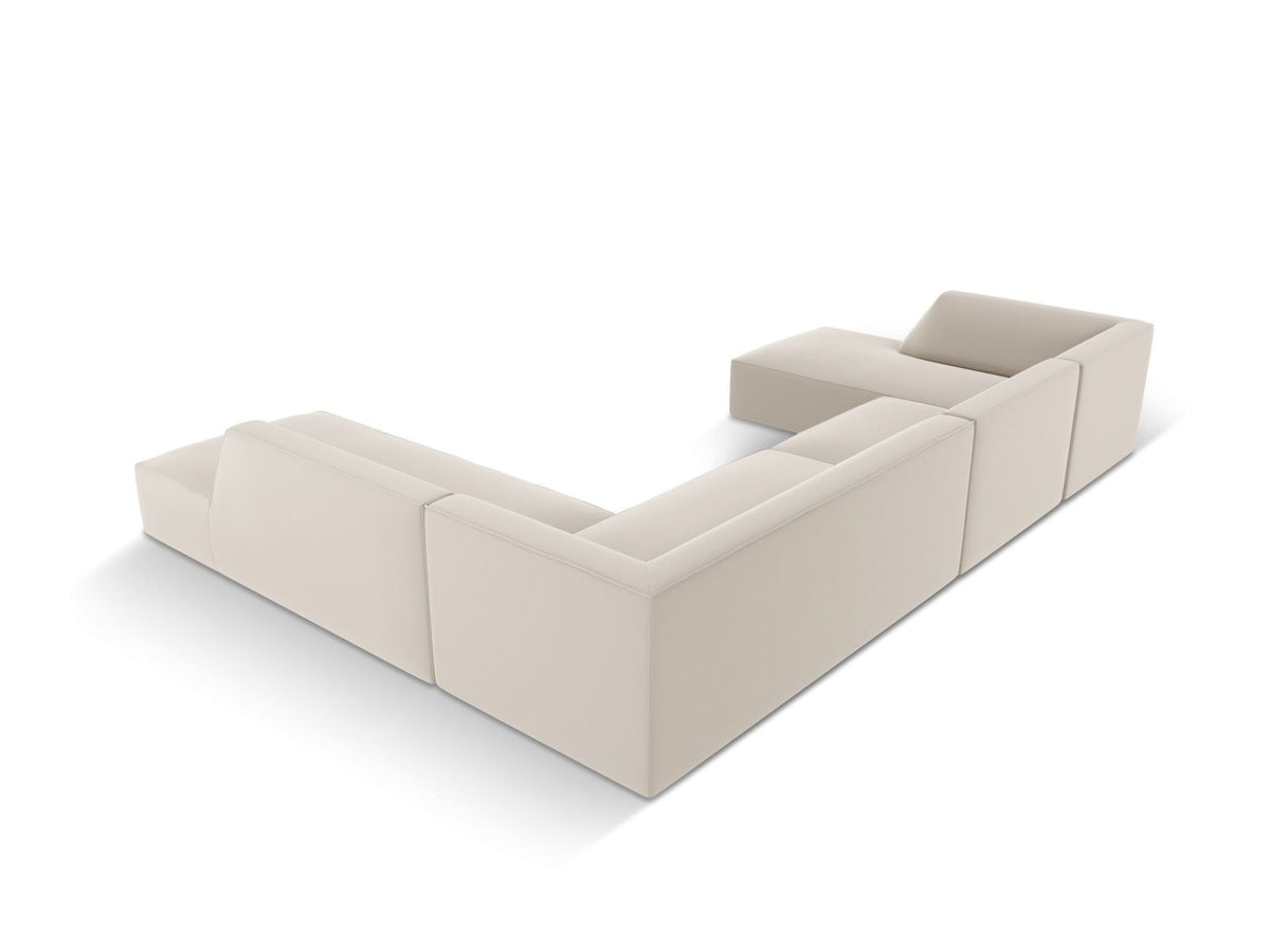 Modulares Panorama-Ecksofa rechts der Serie Siena von Cosmopolitan Design mit Kunstlederbezug Pacifico Cream, schwarzen Kunststoffbeinen und Récamiere.