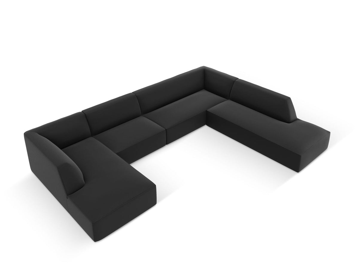 Modulares Panorama-Ecksofa rechts der Serie Siena von Cosmopolitan Design mit Kunstlederbezug Pacifico Cream, schwarzen Kunststoffbeinen und Récamiere.