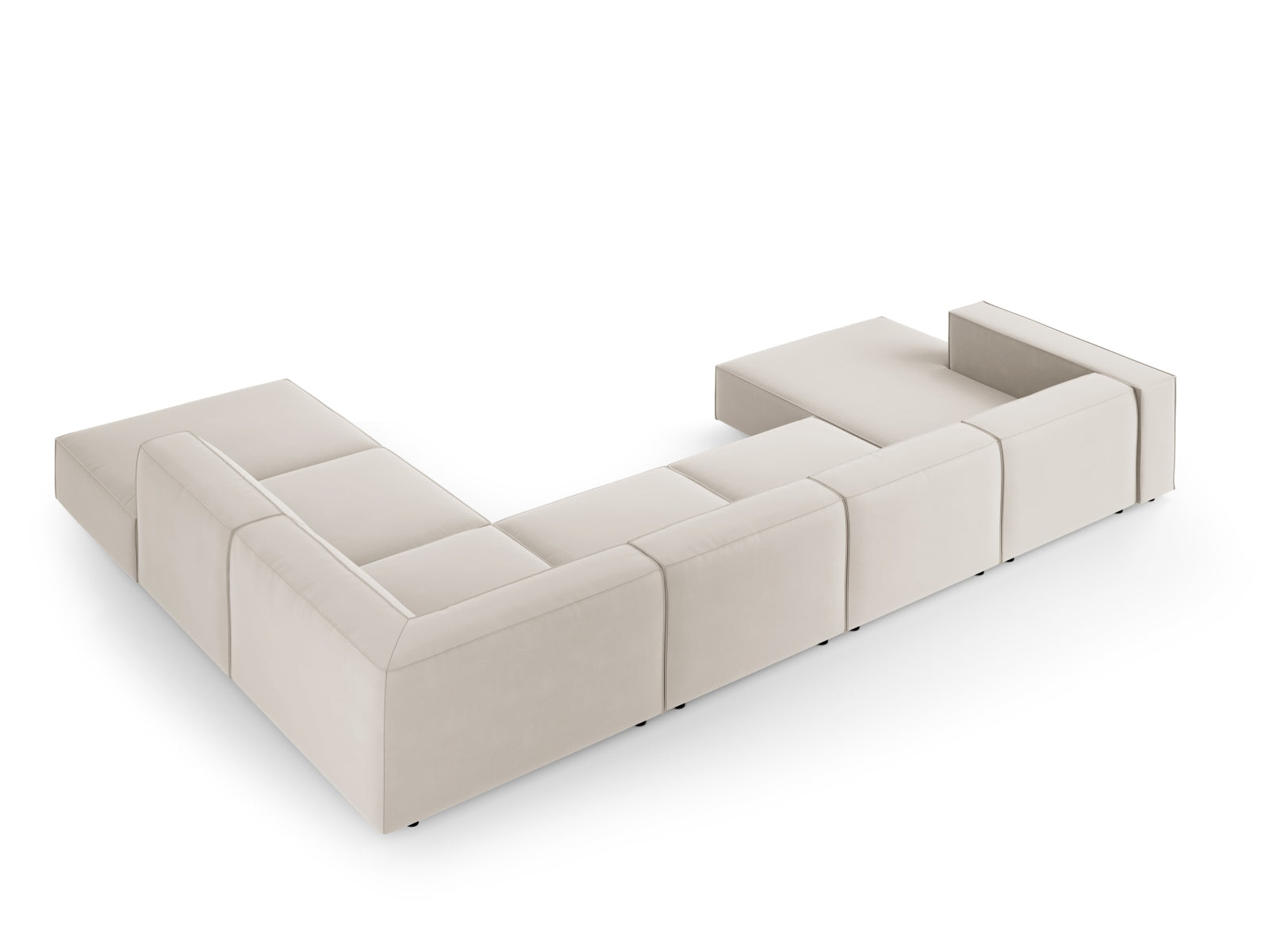 Entdecken Sie das Arendal Velour Panoramic Ecksofa rechts 7 Sitzer von Cosmopolitan Design – elegantes Design, maximaler Komfort und ideal für Ihr modernes Wohnzimmer.