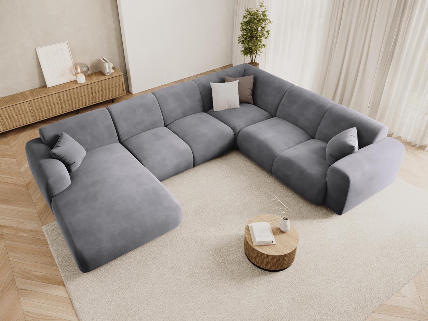 Entdecken Sie das Nolio Velour Panoramic Ecksofa rechts (252cm) von Cosmopolitan Design – ein elegantes 6-Sitzer Sofa, das Komfort und Stil vereint.