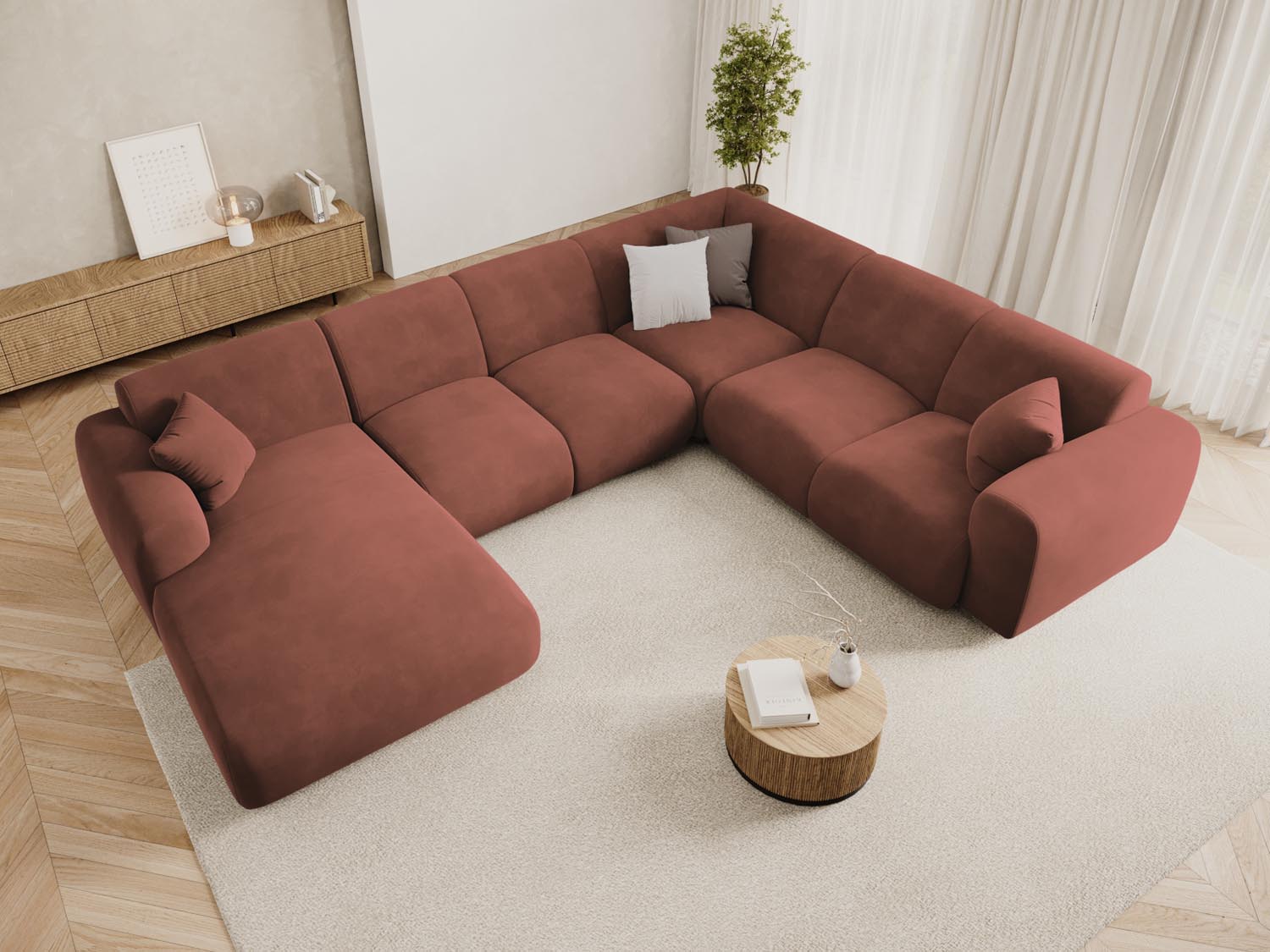 Entdecken Sie das Nolio Velour Panoramic Ecksofa rechts (252cm) von Cosmopolitan Design – ein elegantes 6-Sitzer Sofa, das Komfort und Stil vereint.