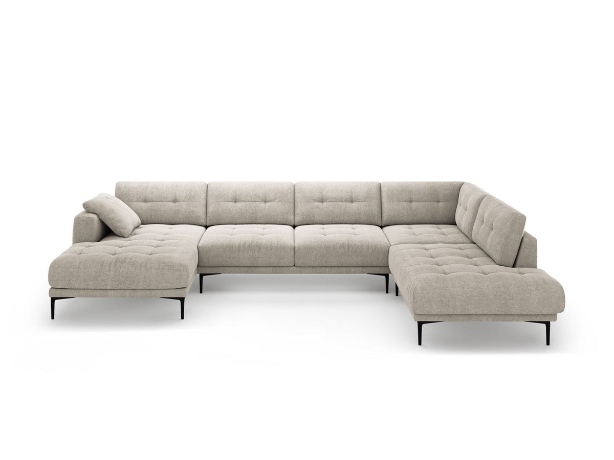 Beige-Sorella Ecksofa Lazio rechts mit Récamiere, Tweed-Stoffbezug, schwarzen Metallbeinen und breiter Sitzfläche für sieben Personen