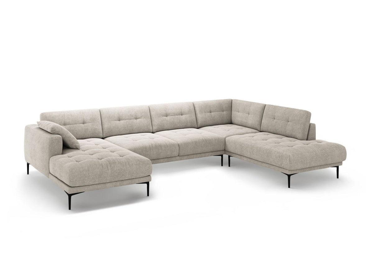 Beige-Sorella Ecksofa Lazio rechts mit Récamiere, Tweed-Stoffbezug, schwarzen Metallbeinen und breiter Sitzfläche für sieben Personen