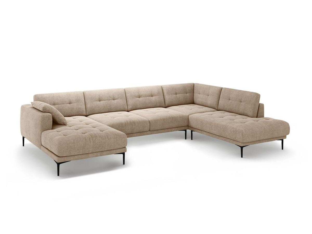 Beige-Sorella Ecksofa Lazio rechts mit Récamiere, Tweed-Stoffbezug, schwarzen Metallbeinen und breiter Sitzfläche für sieben Personen