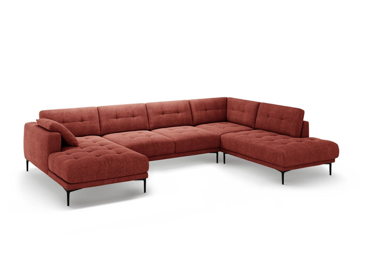 Beige-Sorella Ecksofa Lazio rechts mit Récamiere, Tweed-Stoffbezug, schwarzen Metallbeinen und breiter Sitzfläche für sieben Personen