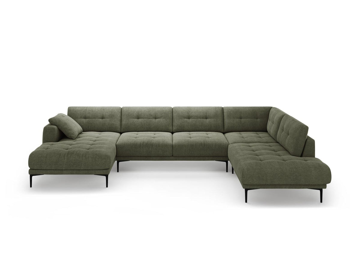 Beige-Sorella Ecksofa Lazio rechts mit Récamiere, Tweed-Stoffbezug, schwarzen Metallbeinen und breiter Sitzfläche für sieben Personen