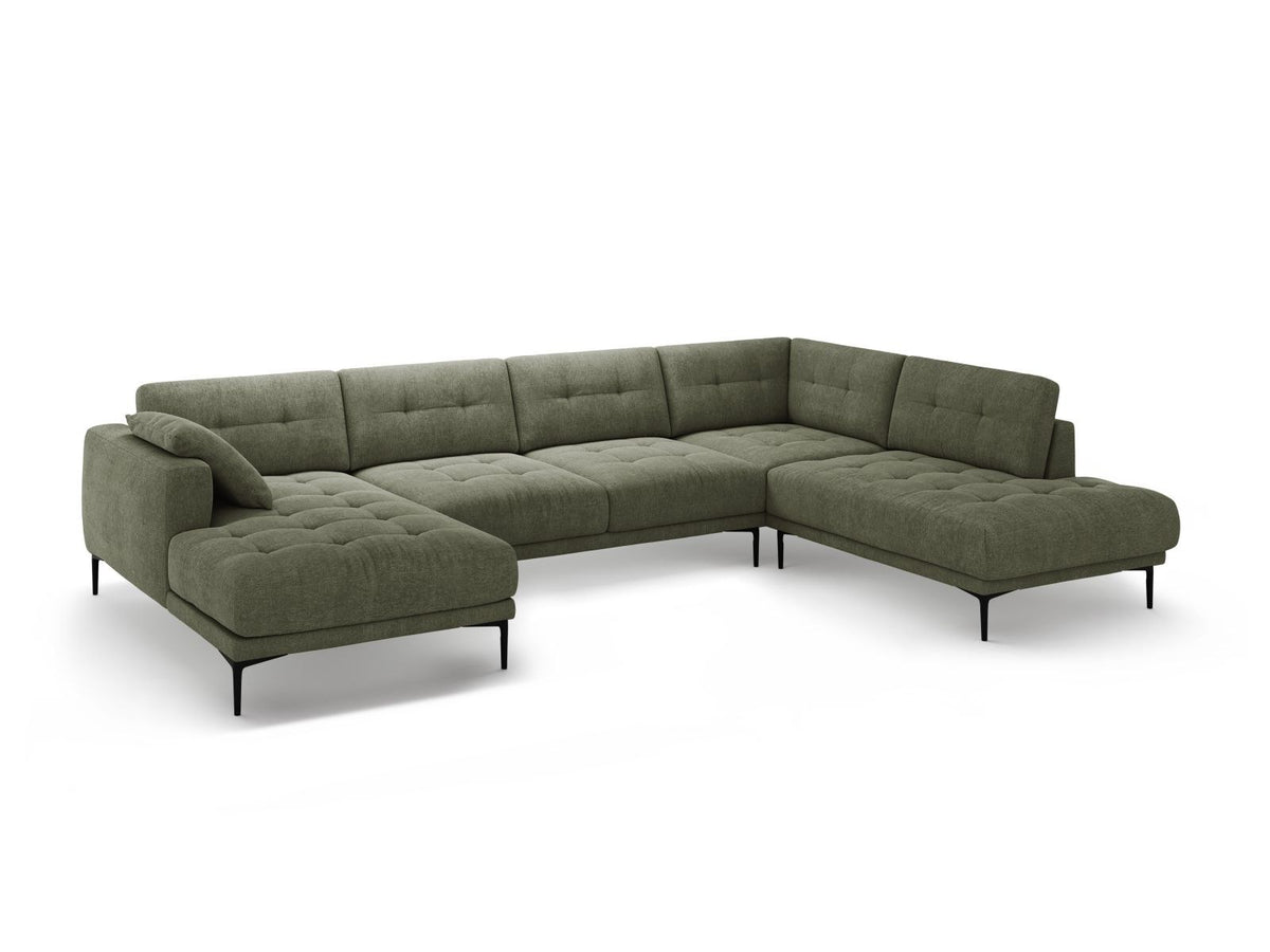 Beige-Sorella Ecksofa Lazio rechts mit Récamiere, Tweed-Stoffbezug, schwarzen Metallbeinen und breiter Sitzfläche für sieben Personen