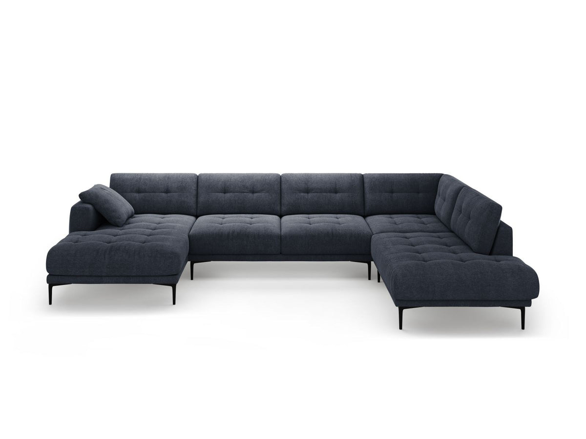 Beige-Sorella Ecksofa Lazio rechts mit Récamiere, Tweed-Stoffbezug, schwarzen Metallbeinen und breiter Sitzfläche für sieben Personen
