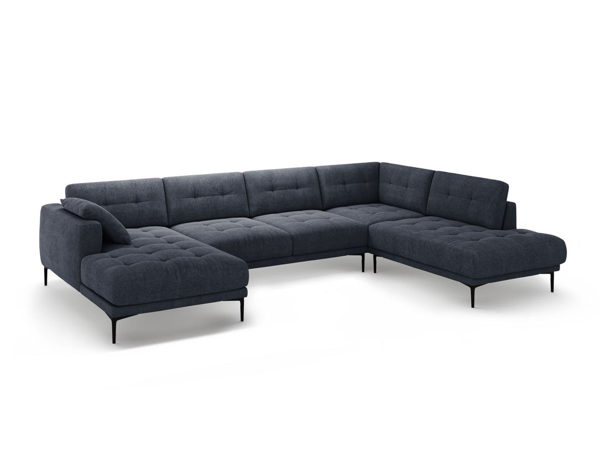 Beige-Sorella Ecksofa Lazio rechts mit Récamiere, Tweed-Stoffbezug, schwarzen Metallbeinen und breiter Sitzfläche für sieben Personen