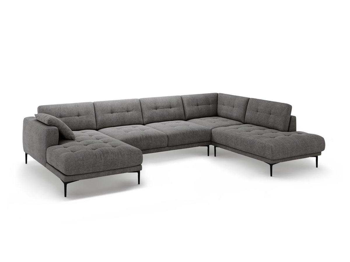Beige-Sorella Ecksofa Lazio rechts mit Récamiere, Tweed-Stoffbezug, schwarzen Metallbeinen und breiter Sitzfläche für sieben Personen