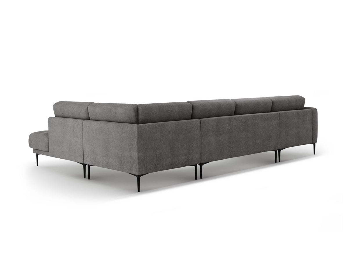 Beige-Sorella Ecksofa Lazio rechts mit Récamiere, Tweed-Stoffbezug, schwarzen Metallbeinen und breiter Sitzfläche für sieben Personen