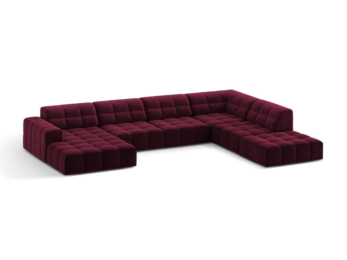Ecksofa rechts von Cosmopolitan Design in Samtvelours Light Beige, Panoramaform mit Récamiere und schwarzen Kunststoffbeinen.