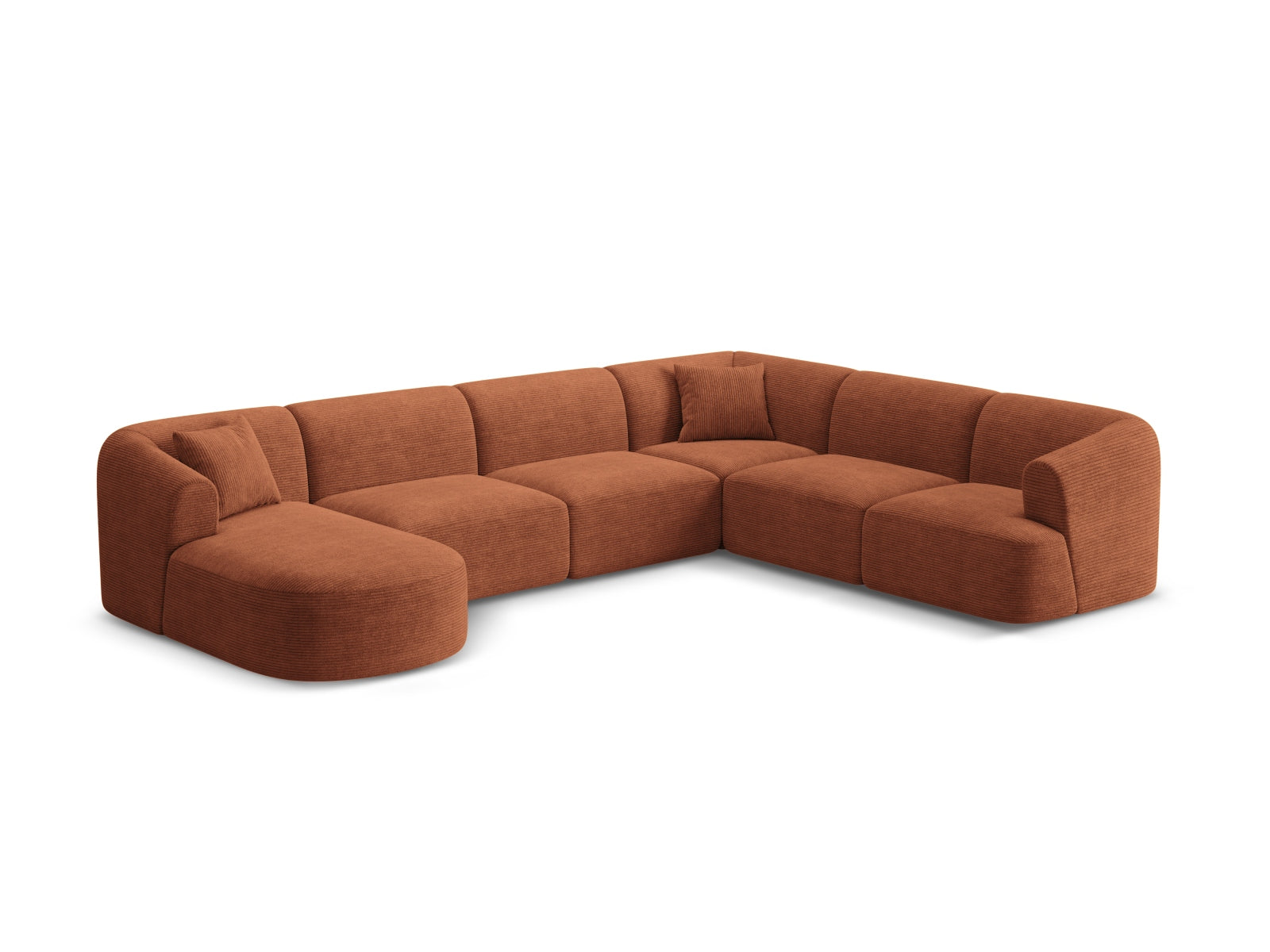 Elegantes 7-Sitzer Ecksofa Panoramic rechts Campi in warmem Terracotta, ideal für stilvolle Wohnräume, präsentiert von Cosmopolitan Design.
