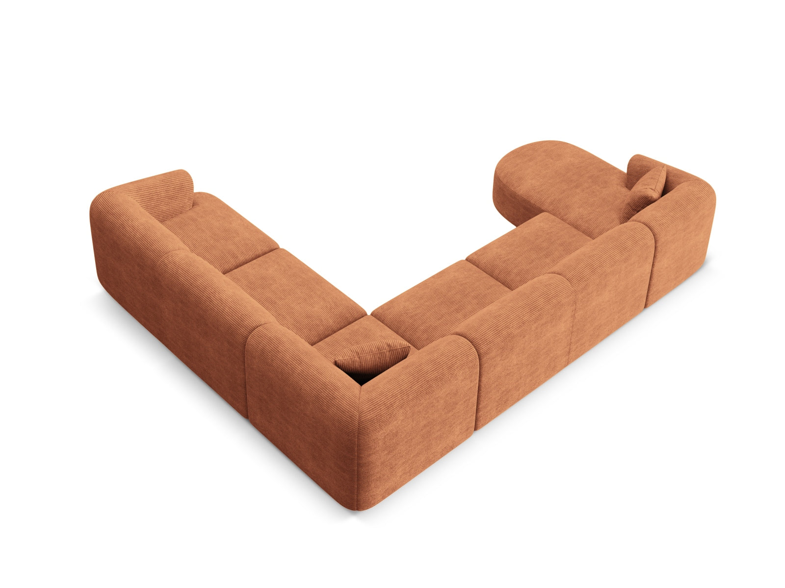 Stilvolles 7-Sitzer Ecksofa Panoramic rechts Campi in sanftem Terracotta, perfekt für gemütliche und moderne Wohnambiente.