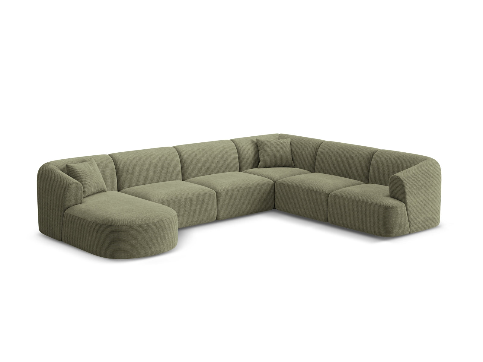 Elegantes 7-Sitzer Ecksofa Panoramic rechts Campi in stilvollem Moss Green-Lincoln D, ideal für moderne Wohnräume.