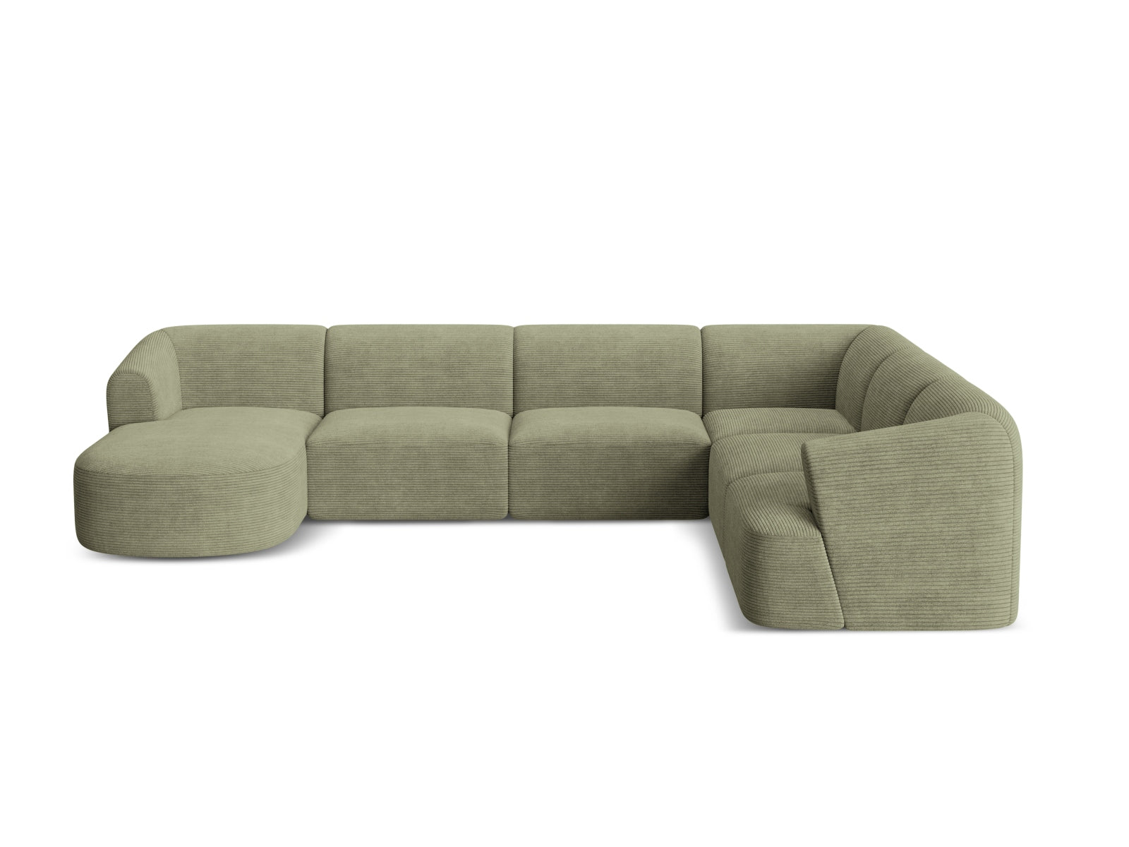 Elegantes 7-Sitzer Ecksofa Panoramic rechts Campi in luxuriösem Moss Green-Lincoln D, ideal für moderne Wohnräume und gesellige Abende.