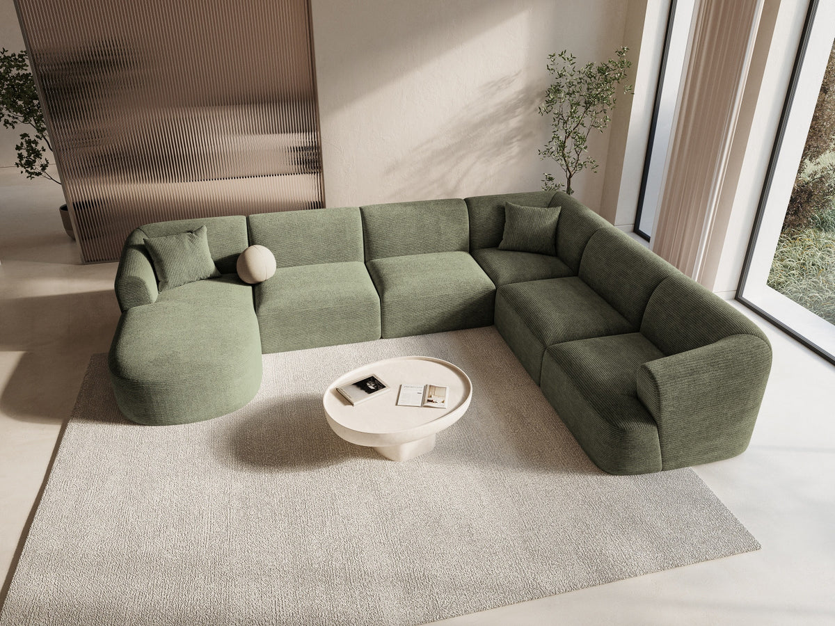 Modulares Ecksofa Campi mit Récamière rechts, Stoffbezug und schwarzen Beinen