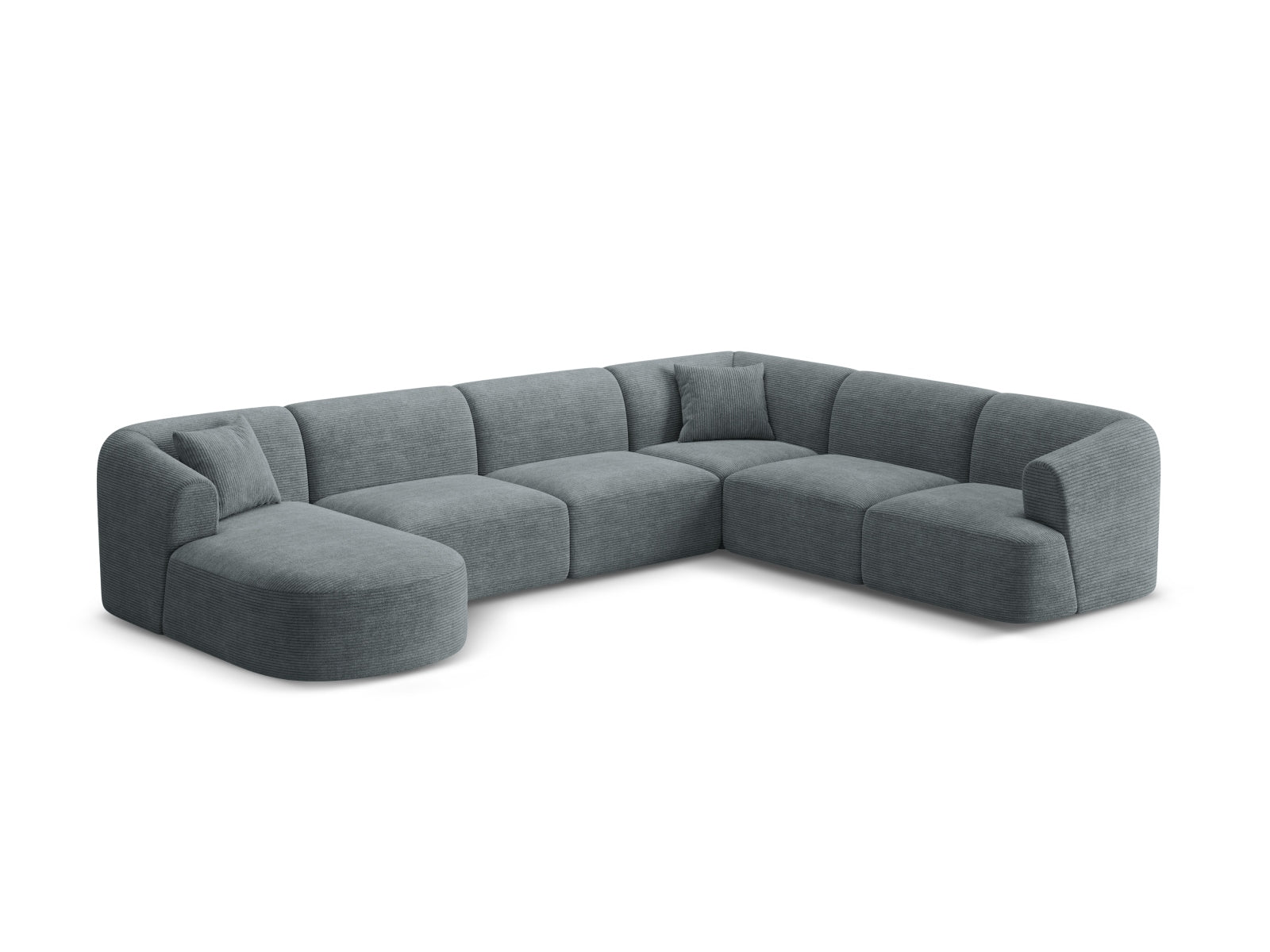 Modulares 7-Sitzer Ecksofa Panoramic rechts in elegantem Dunkelgrau, stilvoll und komfortabel, ideal für moderne Wohnräume.