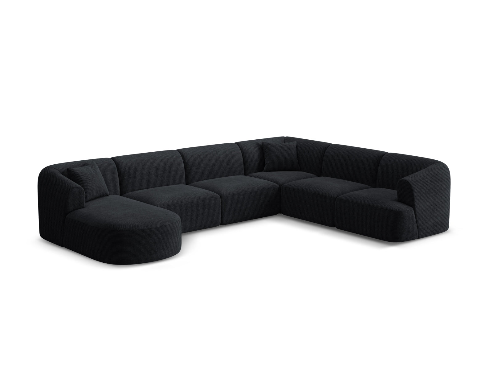 Elegantes 7-Sitzer Ecksofa Panoramic rechts Campi in stilvollem Schwarz, ideal für moderne Wohnräume, präsentiert von Cosmopolitan Design.