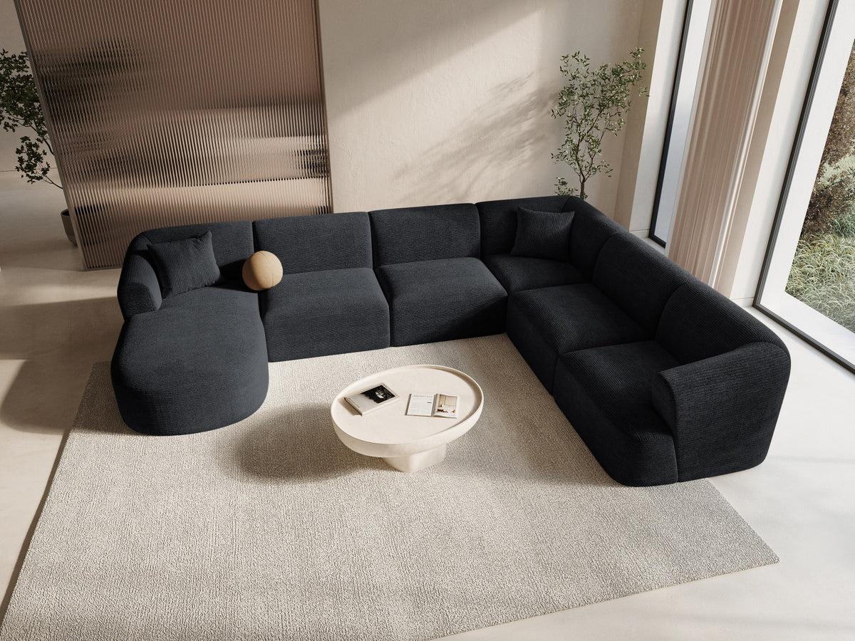 Modulares Ecksofa Campi mit Récamière rechts, Stoffbezug und schwarzen Beinen