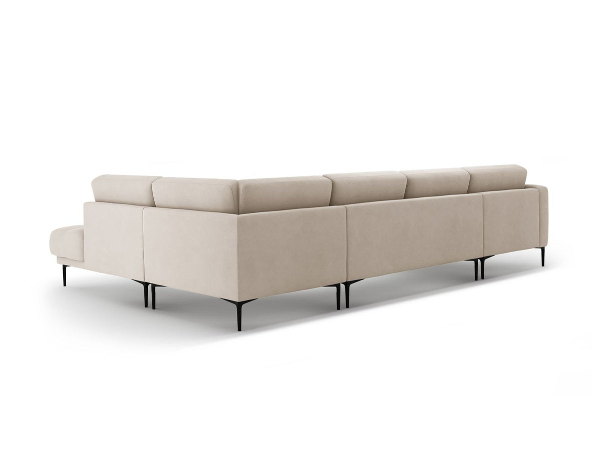 Cosmopolitan Design Lazio Panorama-Ecksofa rechts in Beige-Salvador Samt mit schwarzen Metallbeinen und Récamiere, 7-Sitzer Ausführung.