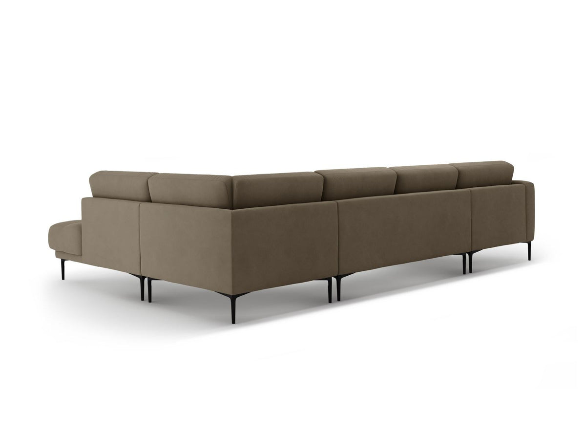 Cosmopolitan Design Lazio Panorama-Ecksofa rechts in Beige-Salvador Samt mit schwarzen Metallbeinen und Récamiere, 7-Sitzer Ausführung.