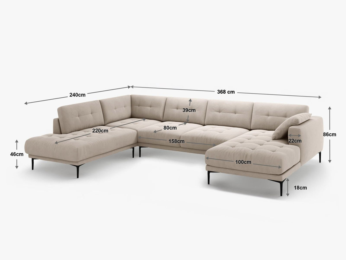 Cosmopolitan Design Lazio Panorama-Ecksofa rechts in Beige-Salvador Samt mit schwarzen Metallbeinen und Récamiere, 7-Sitzer Ausführung.