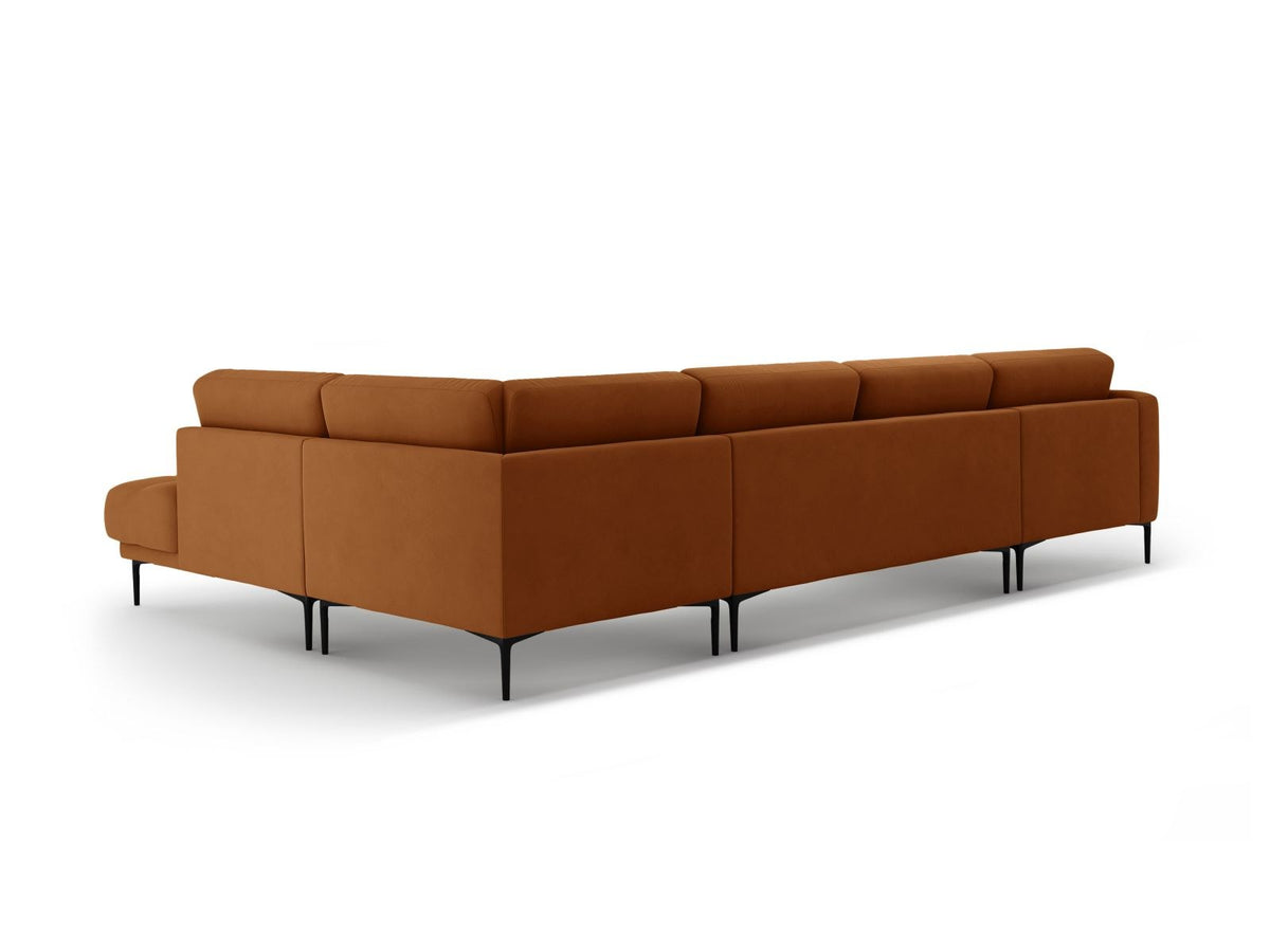 Cosmopolitan Design Lazio Panorama-Ecksofa rechts in Beige-Salvador Samt mit schwarzen Metallbeinen und Récamiere, 7-Sitzer Ausführung.