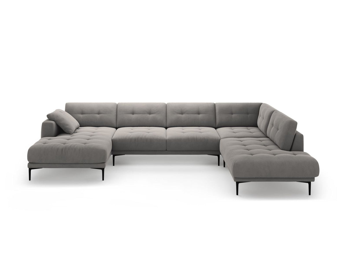 Cosmopolitan Design Lazio Panorama-Ecksofa rechts in Beige-Salvador Samt mit schwarzen Metallbeinen und Récamiere, 7-Sitzer Ausführung.