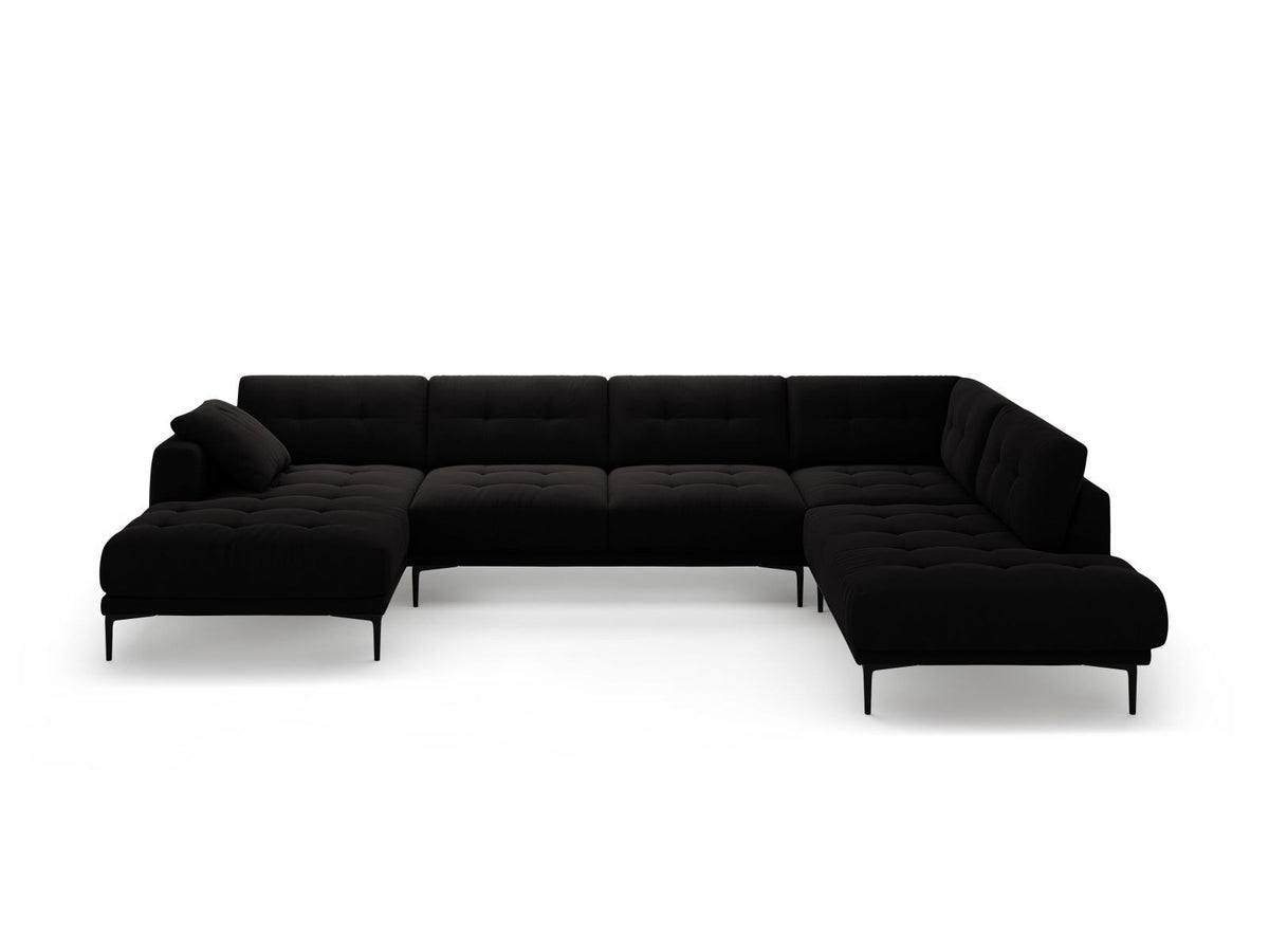 Cosmopolitan Design Lazio Panorama-Ecksofa rechts in Beige-Salvador Samt mit schwarzen Metallbeinen und Récamiere, 7-Sitzer Ausführung.