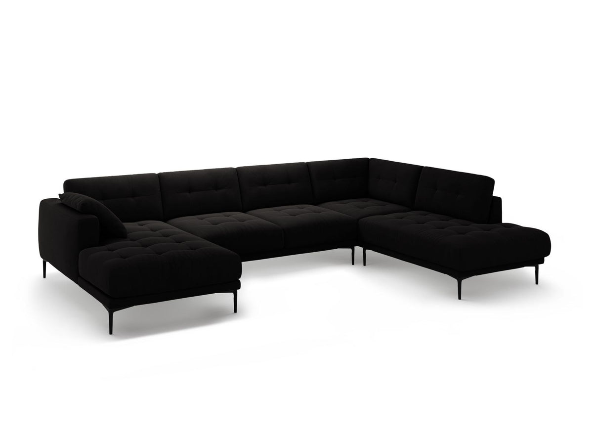 Cosmopolitan Design Lazio Panorama-Ecksofa rechts in Beige-Salvador Samt mit schwarzen Metallbeinen und Récamiere, 7-Sitzer Ausführung.