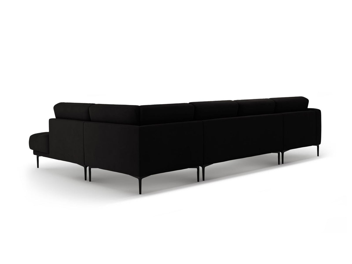 Cosmopolitan Design Lazio Panorama-Ecksofa rechts in Beige-Salvador Samt mit schwarzen Metallbeinen und Récamiere, 7-Sitzer Ausführung.