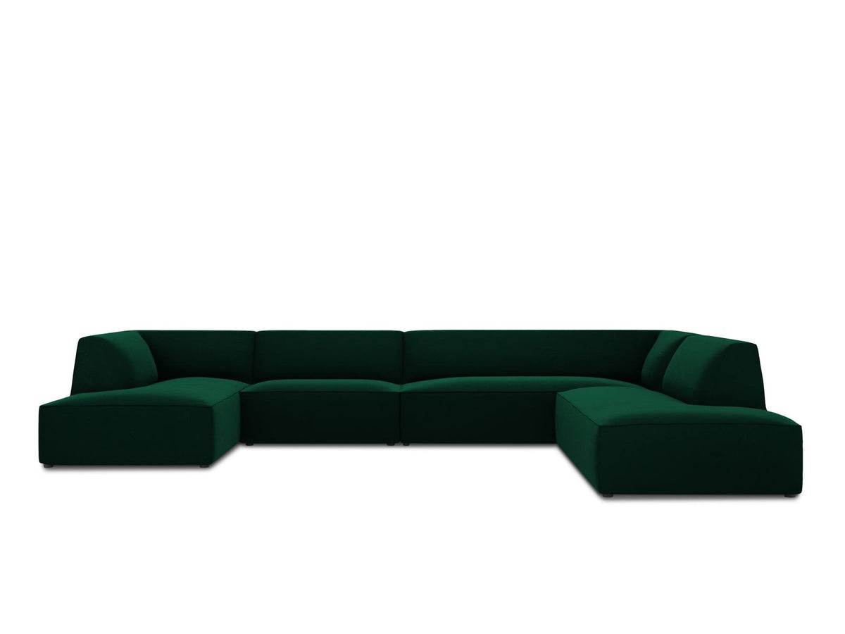Panorama-Ecksofa rechts Siena mit Samtbezug in Bottle Green, Holzrahmen und schwarzen Kunststoffbeinen, 7 Sitzplätze, 273cm Tiefe.