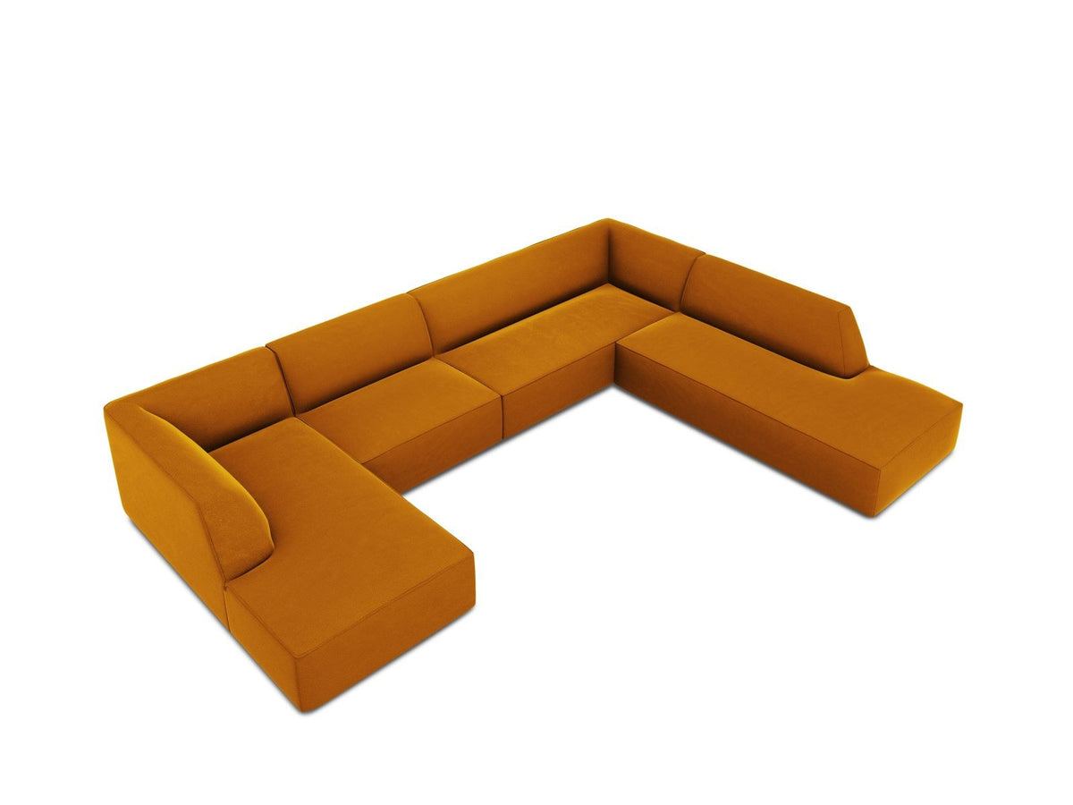 Panorama-Ecksofa rechts Siena mit Samtbezug in Bottle Green, Holzrahmen und schwarzen Kunststoffbeinen, 7 Sitzplätze, 273cm Tiefe.