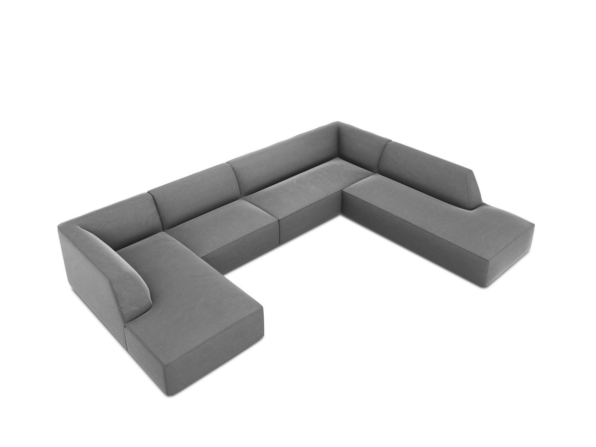 Panorama-Ecksofa rechts Siena mit Samtbezug in Bottle Green, Holzrahmen und schwarzen Kunststoffbeinen, 7 Sitzplätze, 273cm Tiefe.