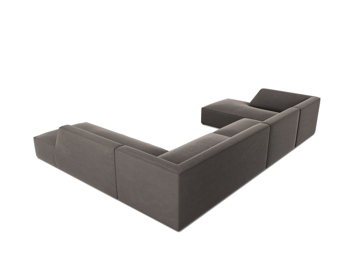 Panorama-Ecksofa rechts Siena mit Samtbezug in Bottle Green, Holzrahmen und schwarzen Kunststoffbeinen, 7 Sitzplätze, 273cm Tiefe.