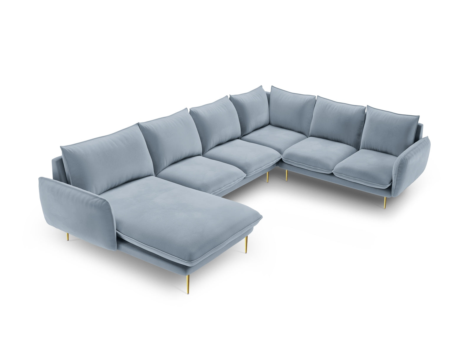 Vienna Velour Panoramic Ecksofa rechts 7 Sitzer 235cm in Light Blue/Gold-Bluvel präsentiert im Onlineshop von KAQTU Design AG. Ecksofa rechts ist von Cosmopolitan Design