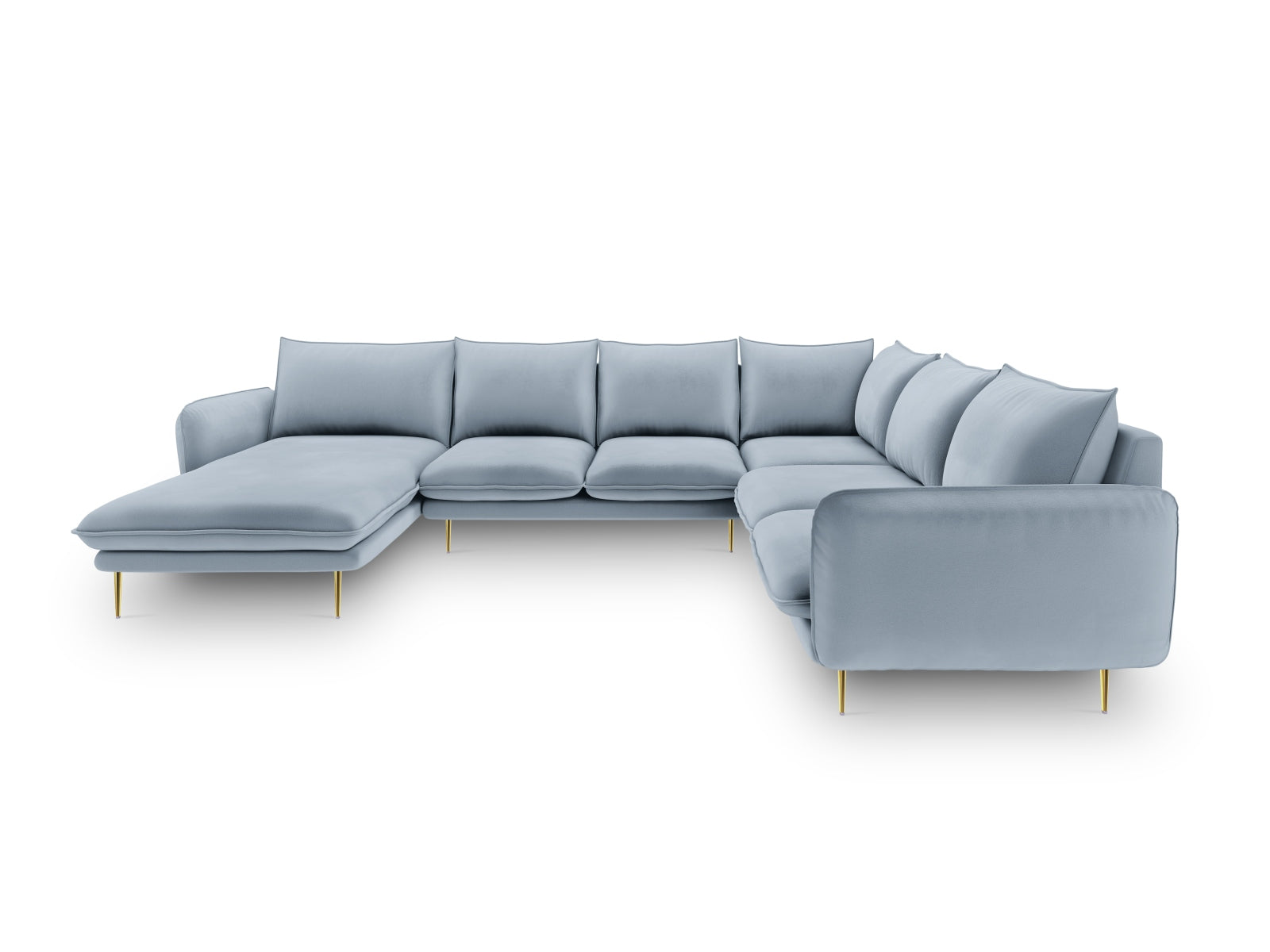 Elegantes Vienna Velour Panoramic Ecksofa in sanftem Hellblau, 7-Sitzer, 235 cm, ideal für stilvolle Wohnräume.