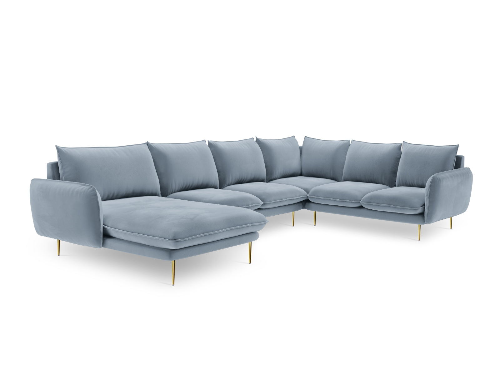 Modernes 7-sitziges Ecksofa in sanftem Hellblau, 235 cm, mit luxuriösem Velourbezug, perfekt für gemütliche und stilvolle Wohnbereiche.