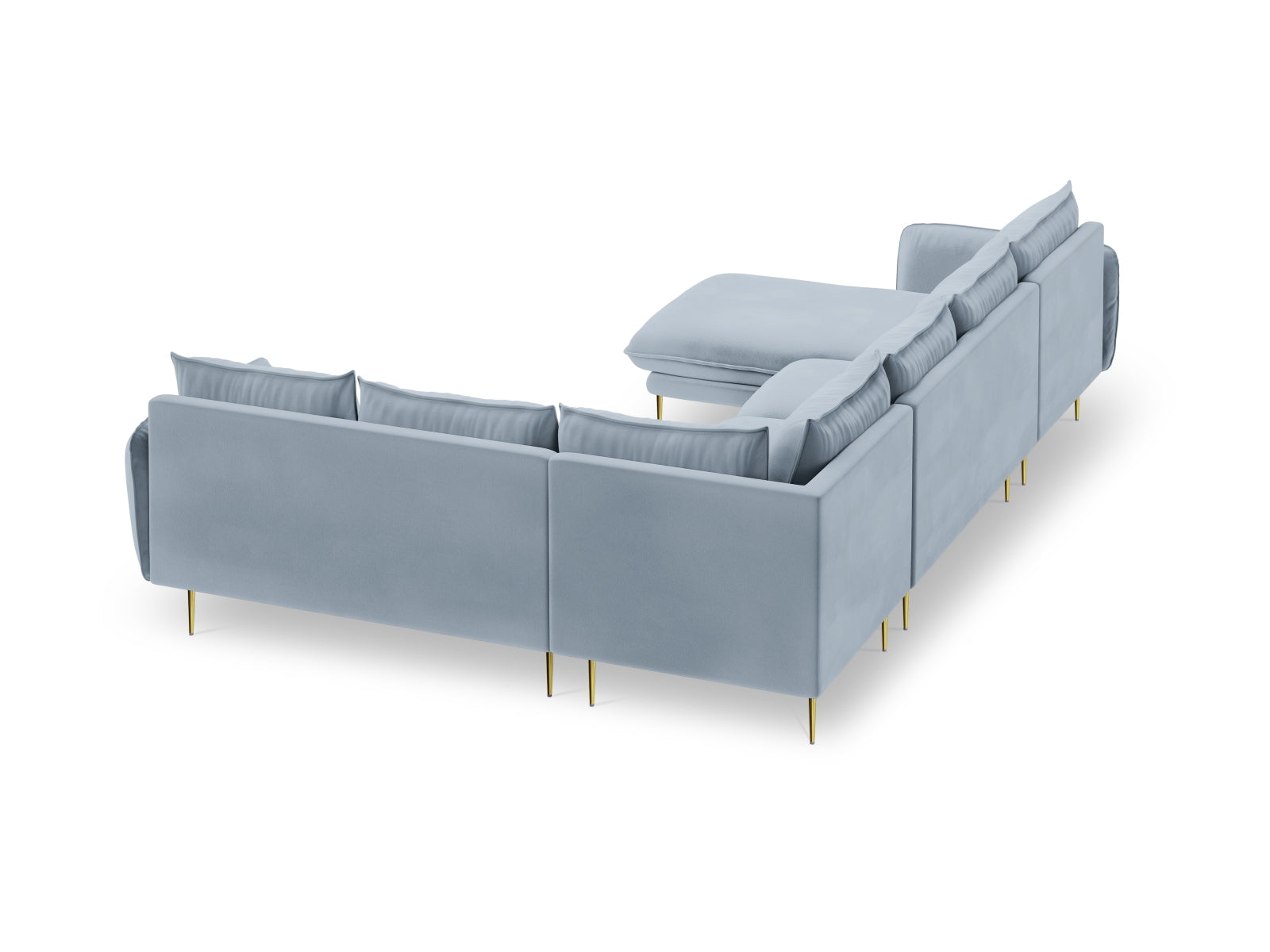 Elegantes 7-sitziges Ecksofa in zartem Hellblau, 235 cm, mit weichem Velourbezug, ideal für stilvolle und einladende Wohnräume.