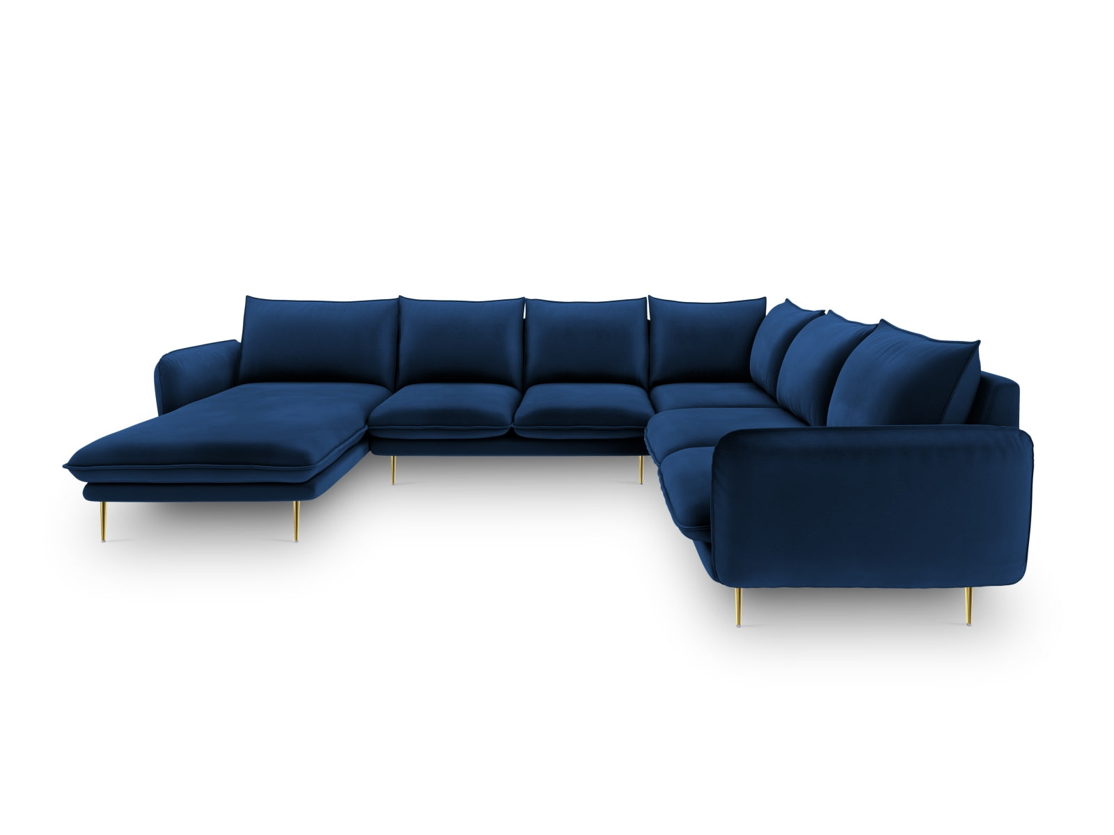 Elegantes Vienna Velour Panoramic Ecksofa in Royal Blue, 7-Sitzer, 235 cm, ideal für stilvolle Wohnräume, präsentiert von Cosmopolitan Design.